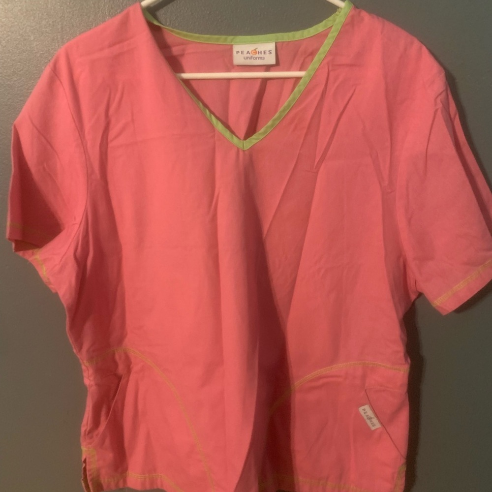 Pink scrub top with lime green trim by Peaches Uniforms / Women's Large